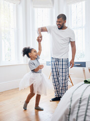 Fototapeta premium Dad, girl and ballet dancing in house, holding hands or help for training, comic smile or tutu in game. Man, kid and laugh for steps, moving and funny for performance, concert or show in family home