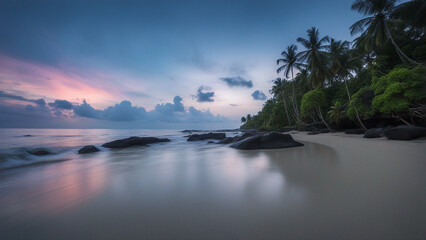 white sandy beach, rocks and blue sky