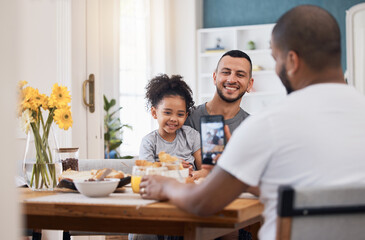 Cellphone, lunch or photo of gay couple, kid and memory picture of bonding happy family in home dining room. Smartphone, photography or child smile with bisexual, queer or non binary dad in apartment