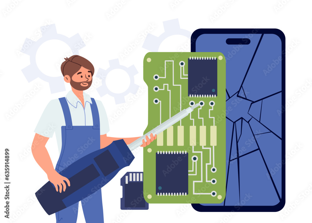 Poster man with broken phone concept. young guy with screwer in uniform near large broken smartphone. repai