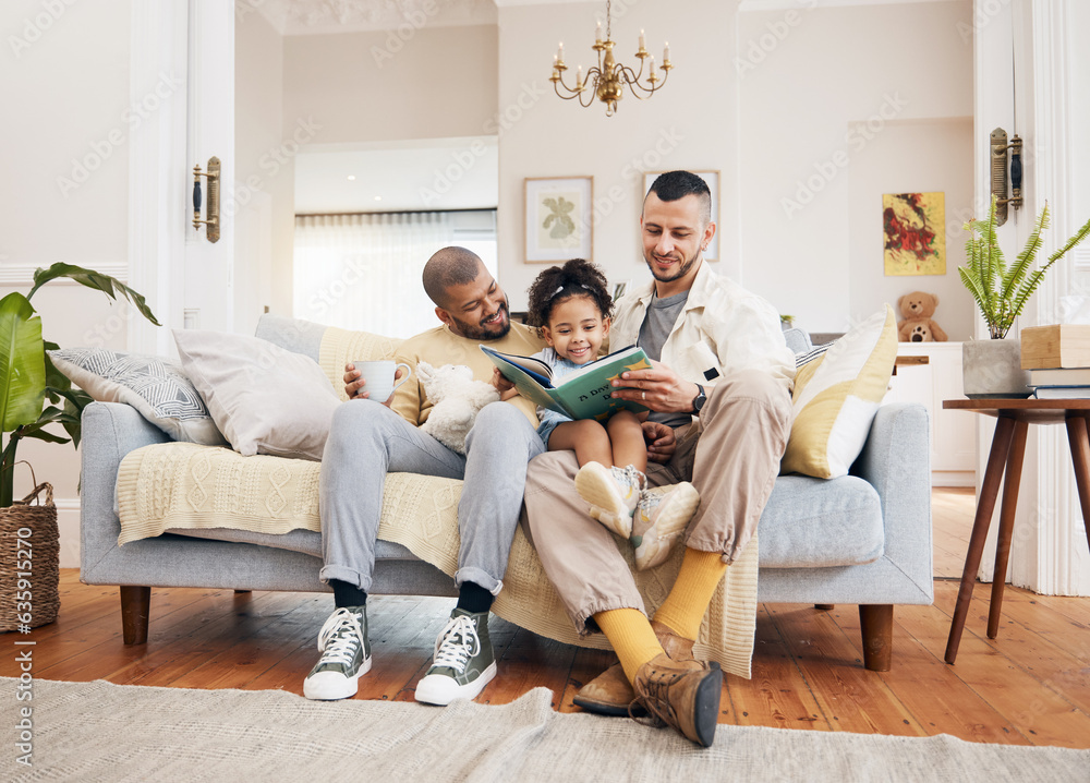 Poster Gay parents on a couch, girl and reading book with a smile, home and education with bonding, relax and weekend break. Fathers, female child and kid with lgbtq, storytelling and fairytale in a lounge