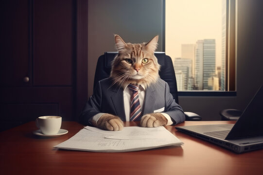 Cat in a formal business suit spends his workday sitting at a desk in an office