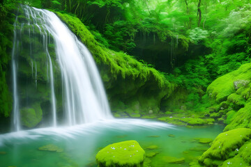 Naklejka na ściany i meble The serenity of a hidden waterfall nestled in a lush valley generative Ai
