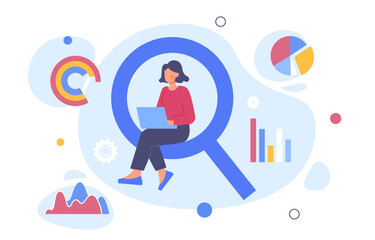 Woman with data analysis concept. Young girl with laptop analyzes graphs, diagrams and charts. Working with statistics and infographics, data visualization. Cartoon flat vector illustration