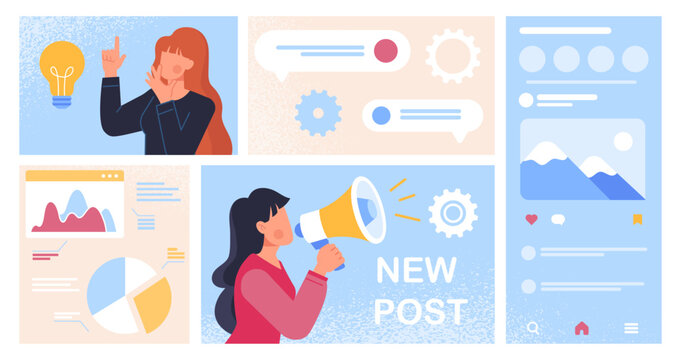 Digital marketing team set. Promotion in social networks. SEO and PR managers with loudspeakers. Advertising and electronic commerce. Cartoon flat vector collection isolated on white background