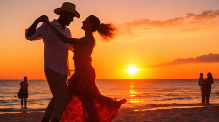 Couple dancing salsa bachata kizomba on the beach at sunset  AI image - obrazy, fototapety, plakaty