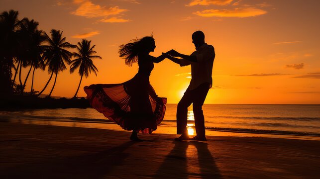 Couple dancing salsa bachata kizomba on the beach at sunset  AI image