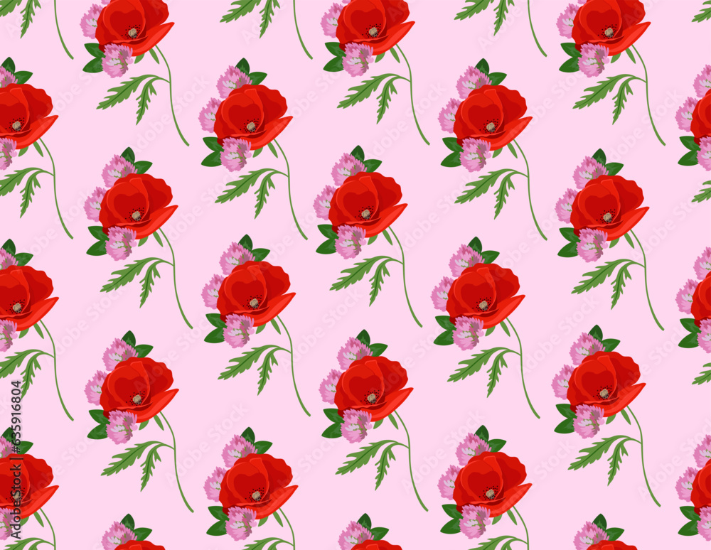 Poster flower seamless pattern concept. repeating design element for printing on fabric. red roses with lea