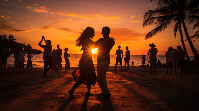 Latin party dancing salsa bachata kizomba on the beach at sunset  AI image