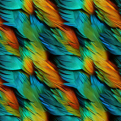 Obraz premium Colorful bird feather background. Photorealistic seamless pattern. Blue and orange ruffled feathers of a parrot. AI-generated