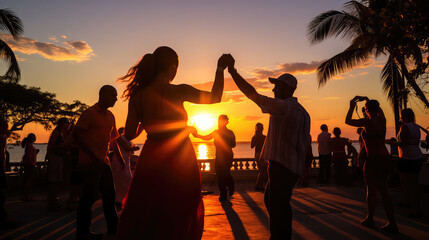 Latin party dancing salsa bachata kizomba on the beach at sunset  AI image - obrazy, fototapety, plakaty