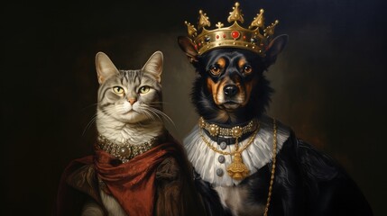 Cat, Dog, Prince, Royal, King, Queen, Couple, Portrait, Medieval, Renaissance. CONVENIENCE MARRIAGE. 1500s felines. Marriage of convenience to ensure peace between the kingdom of dogs and that of cats