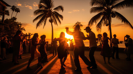 Latin party dancing salsa bachata kizomba on the beach at sunset  AI image