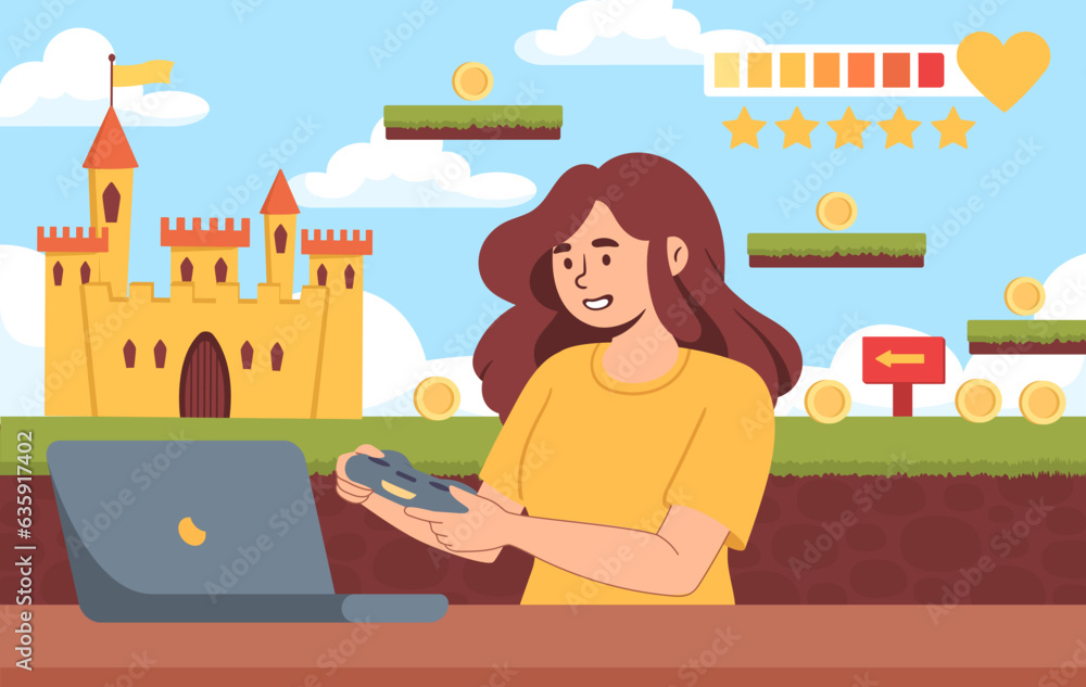 Poster woman play in game concept. girl near laptop with field. level in arcade in mobile app or program. c