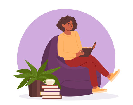 Woman read and relax. Young girl with book sitting in chair. Comfort and coziness in apartment. Love for literature and reading. Useful hobby and leisure. Cartoon flat vector illustration