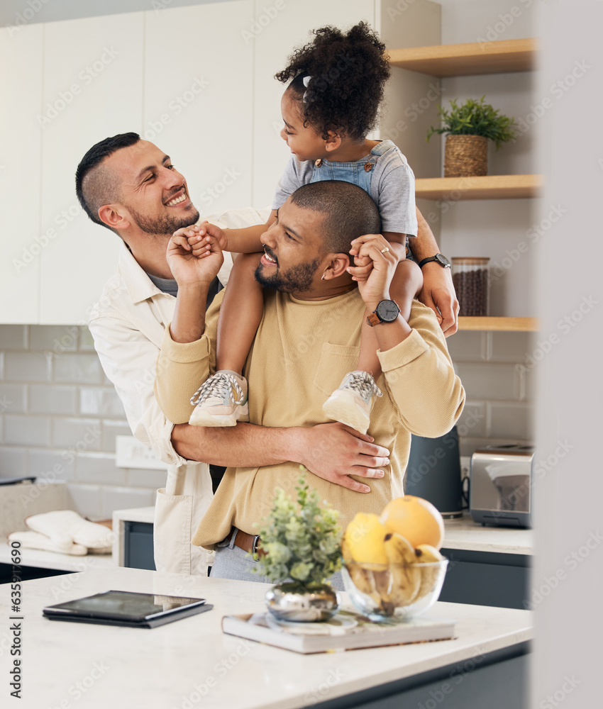 Poster Happy family, child and gay parents in home together with love, support and bonding with girl on shoulders of dad in hug. LGBT, fathers and men with happiness or smile in kitchen and playing with kid