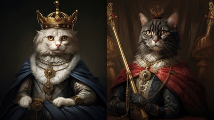 Double portrait, Animals, Cats, Crown, Dressed, Ruler, King, Prince, Emperor. IN THE KINGDOM OF CATS. 3D royal kittens. A couple of powerful emperor felines dressed up in perfect Renaissance style.