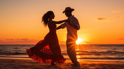 Couple dancing salsa bachata kizomba on the beach at sunset  AI image - obrazy, fototapety, plakaty