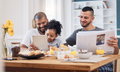 Gay couple, breakfast and happy family child with tablet, online story and reading ebook, watch...