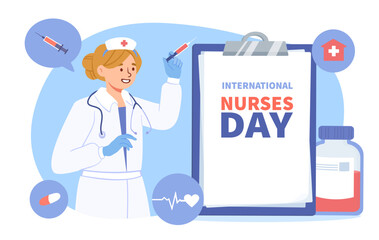 International nurse day concept. Woman in medical gown with syringe near notepad. International holiday and festival. Health care, diagnosis and treatment. Cartoon flat vector illustration