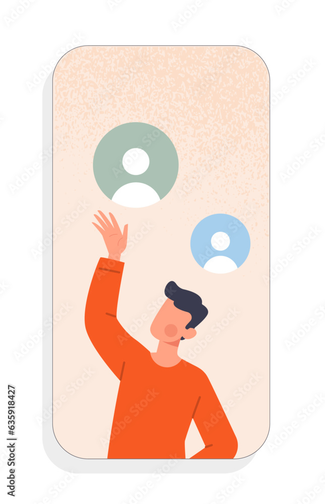 Poster mobile app development concept. man with place for user avatars. template for social networks and me