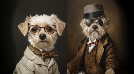 3d ironic poodle family portrait, dog, couple, 1800, grandfather, grandson. FELINE GENERATION. Grandfather Dog with dark sunglasses, hat, brown clothes and his grandchild with eyeglasses, bowtie - obrazy, fototapety, plakaty