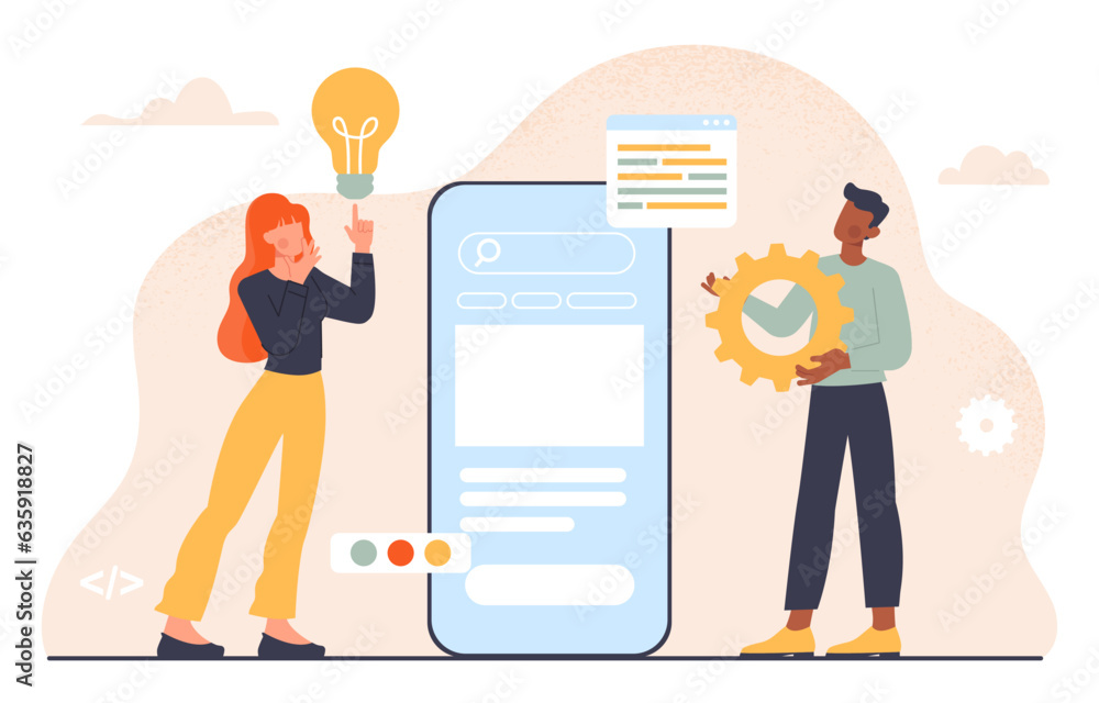 Poster mobile application development concept. man and woman near smartphone screen. software, program and 