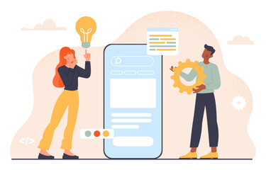 Mobile application development concept. Man and woman near smartphone screen. Software, program and application. Developers and programmers, IT specialists. Cartoon flat vector illustration