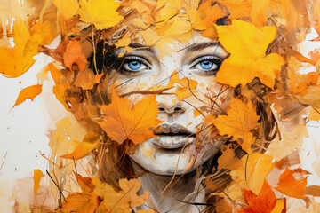 Autumnal Digital Collage Art. Woman's Face Covered In Autumn Leaves. Ai Generated