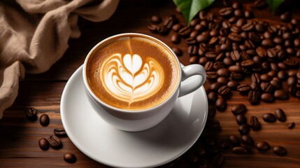 Coffee cup with latte art and coffee beans on wooden table background.