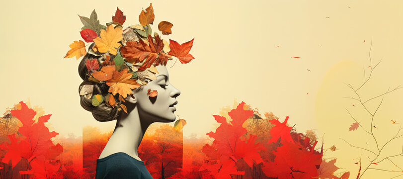 Autumnal Digital Collage Art. Woman Autumn Leaves And Trees. Copy Space. Ai Generated
