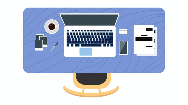 Office desk top view concept. Organization of effective workflow. Workspace with smartphone, laptop and cup of tea or cofee, hot drink. Documents and reports. Cartoon flat vector illustration