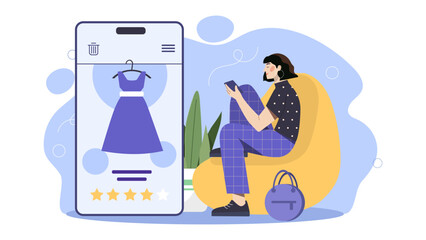 Woman with online shopping concept. Young girl with smartphone buying dress. Electronic commerce and marketing, advertising. Character with home delivery. Cartoon flat vector illustration