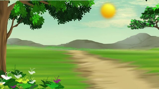 Beautiful sun rising morning 2d cartoon background animation 4k