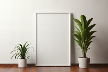 A minimalist oasis blooms within the confines of a blank canvas, as a lone houseplant stands tall in its sleek white frame, inviting tranquility and effortless elegance into the indoor space