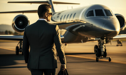 Elegant Arrival: Rich Businessperson on Airport Runway with Jet - obrazy, fototapety, plakaty