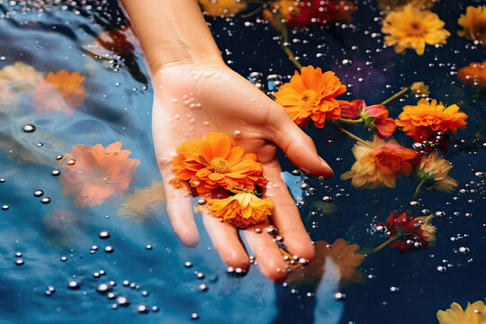 High angle of crop anonymous person holding orange flowers in blue water in daylight