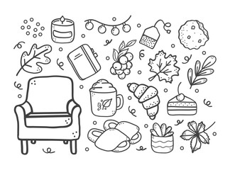 Set of fall season elements.  Pie, fallen leaves, slippers, croissant,electric garland, cookie, armchair. Isolated flat vector illustration. Hand drawn. For greeting card, wallpaper,  pattern fills, w