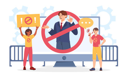 Protest against politician concept. Man and woman with placards on background of TV with crossed out MP. Freedom of speech and democracy, election. Cartoon flat vector illustration