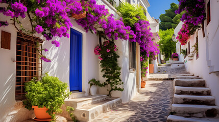 Witness the Mediterranean's coastal charm with this captivating image. Lined along narrow alleys and adorned with vibrant flowers, these picturesque houses invite you to stroll through the heart of qu