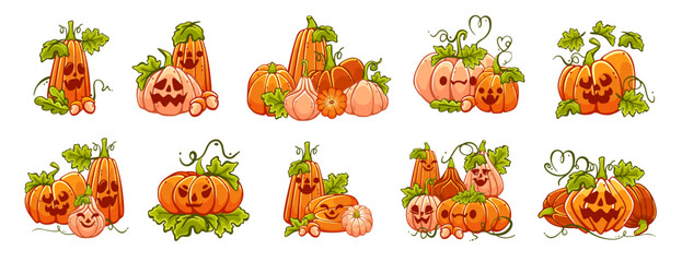 Vector composition on the theme of pumpkins and Halloween in a cute cartoon style.