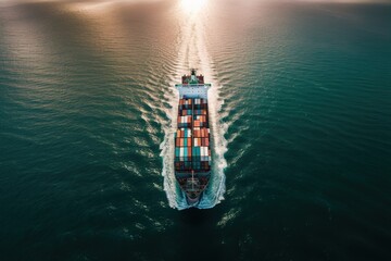 Aerial View from drone of Container Cargo Ship In Sea.  Container ship or cargo shipping business logistic. Import and export freight transportation. - obrazy, fototapety, plakaty