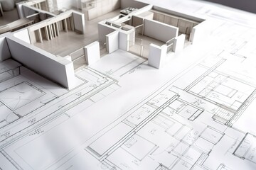 3D Skizze von Architektur. Bauwerk in der Entstehungsphase. Symbol für Architekten und Bauingenieure. CAD Planung von Gebäuden