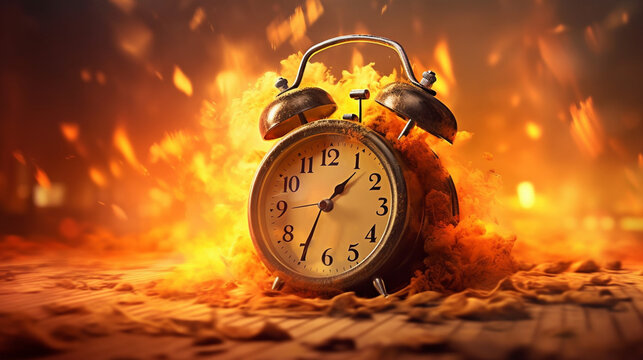 Dramatic Scene: Exploding Alarm Clock Engulfed in Fiery Flames - AI generated