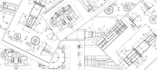 Vector engineering drawing of a steel mechanical parts with through holes.
Industrial cad scheme on white paper sheets. Technology background.