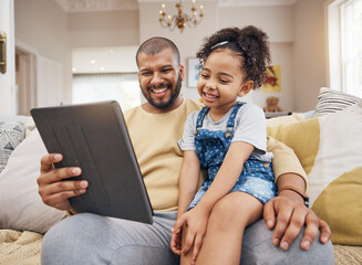 Happy, movie and a child with a father and tablet for a cartoon, film and streaming games. Smile,...
