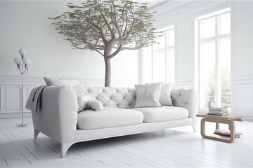 Couch in a modern white space. Scandinavian inspired interior design
