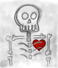 Halloween cartoon skeleton with red heart