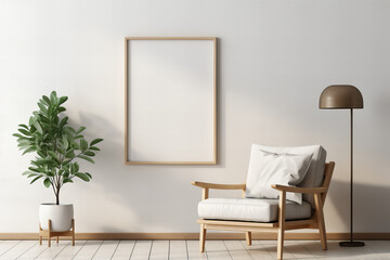 An airy room, adorned with minimalist furniture and an elegant houseplant, is brought to life by a white chair and a striking piece of art on the wall, all illuminated by a warm lamp and set against 