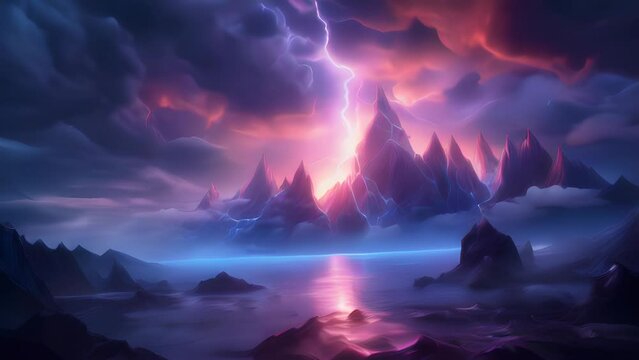 A dramatic mountain landscape with a striking lightning storm. Generative ai